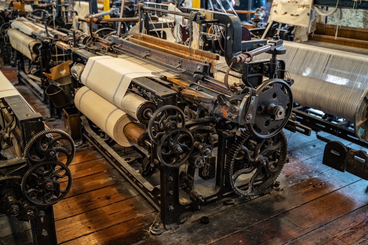 Machinery inside an old textile factory.