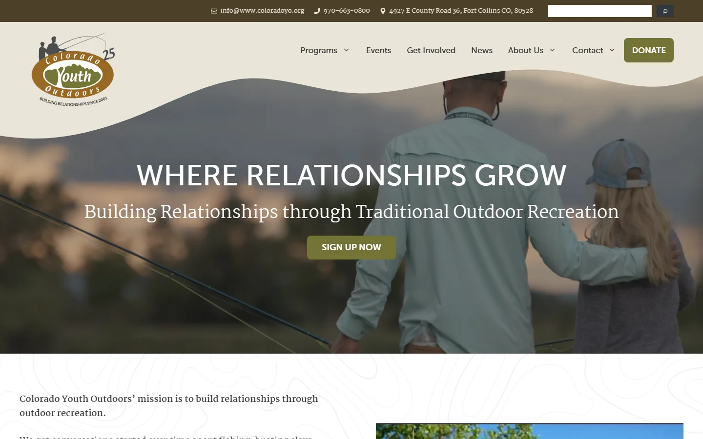 Colorado Youth Outdoors — Homepage website screenshot
