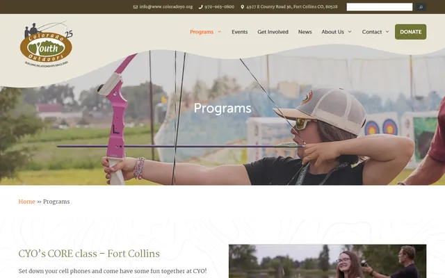 Colorado Youth Outdoors — Programs website screenshot