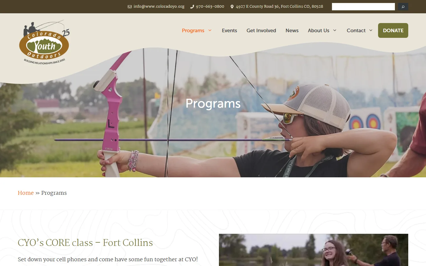 Colorado Youth Outdoors — Programs website screenshot