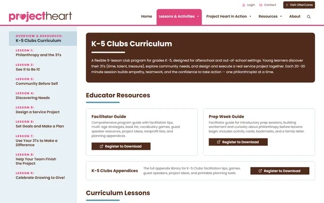 Project Heart — K–5 Clubs Curriculum website screenshot