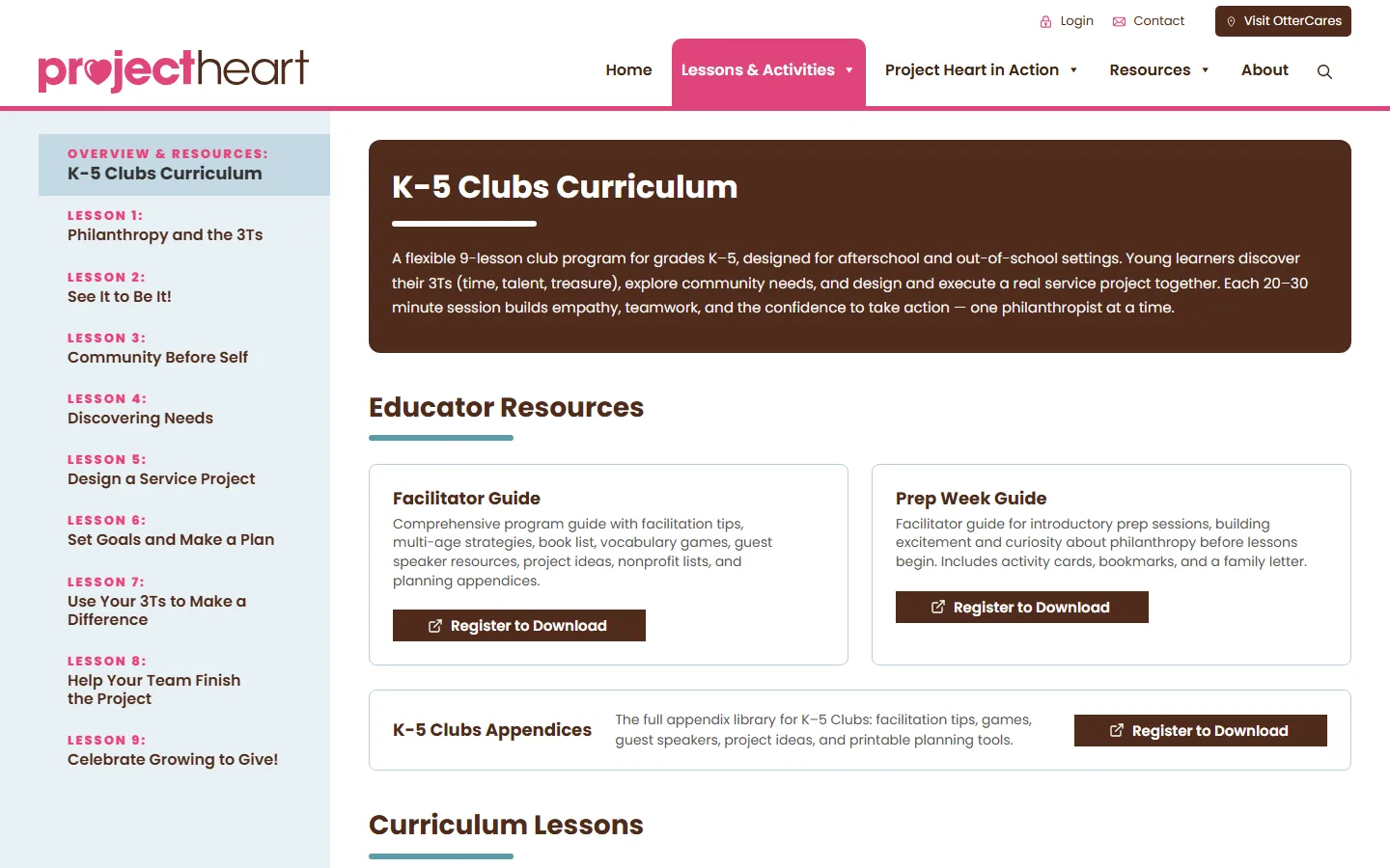 Project Heart — K–5 Clubs Curriculum website screenshot