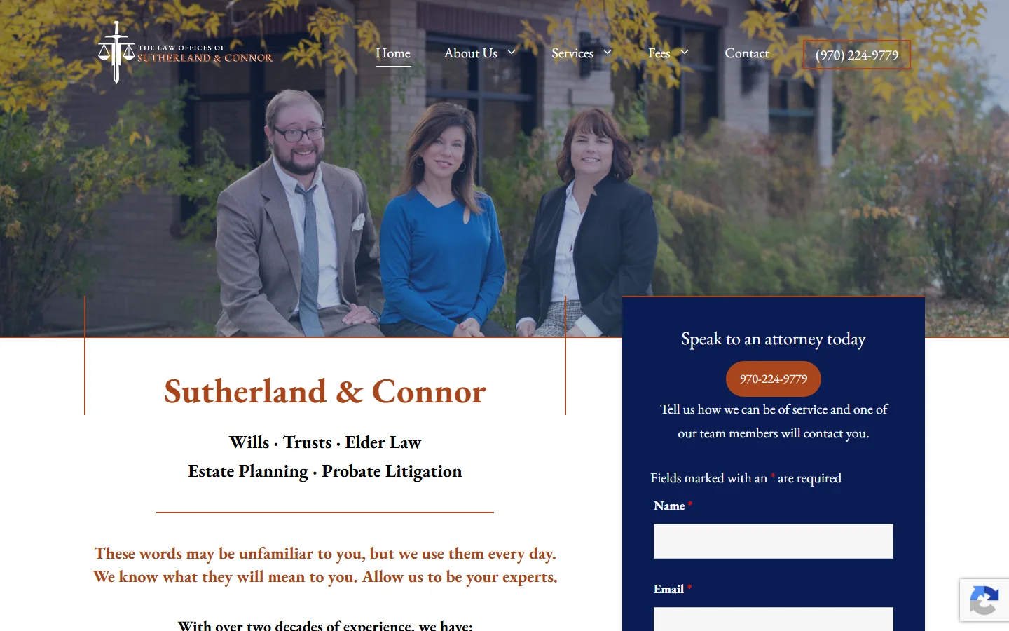 Sutherland & Connor — Homepage website screenshot