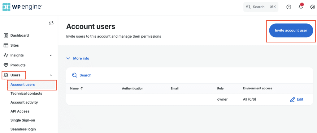 Screenshot of the Account Users page on the WP Engine dashboard