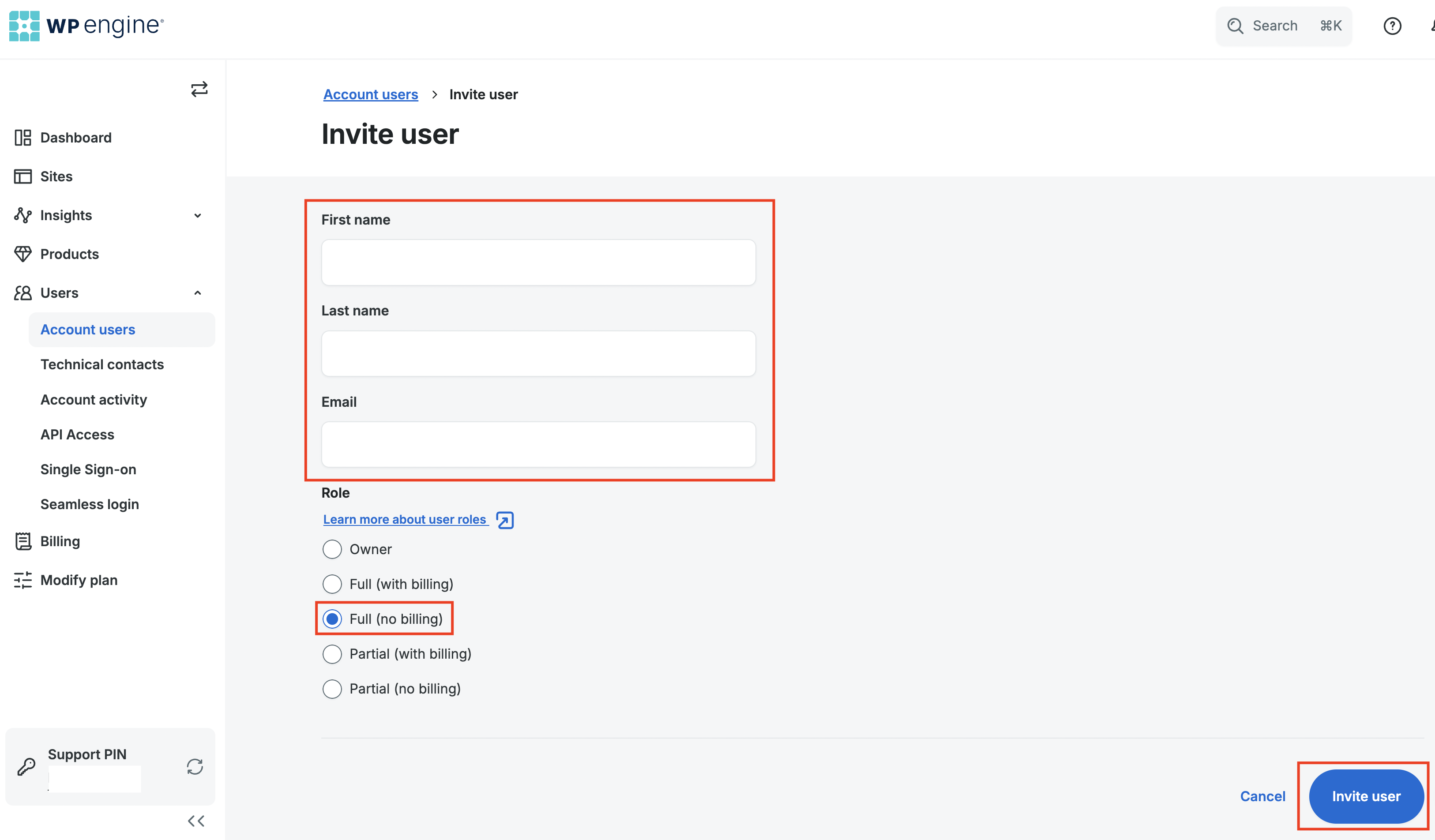 Screenshot of the Invite user page on the WP Engine dashboard